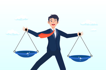 Businessman comparing scale to be equal, fair measuring, comparison advantage and disadvantage, integrity or honest truth, pros and cons or measurement, judge or ethical, decision or balance (Vector) - obrazy, fototapety, plakaty