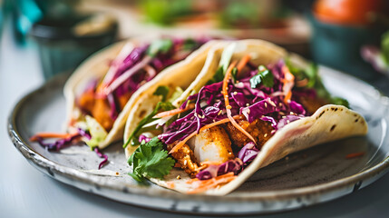 Fusion of culinary traditions, Mexican street food meets poke tacos, where the integration of vegetables, salad, avocado, and fish. Generative AI