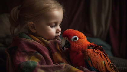 Cute child smiles while feeding playful macaw in vibrant forest generated by AI