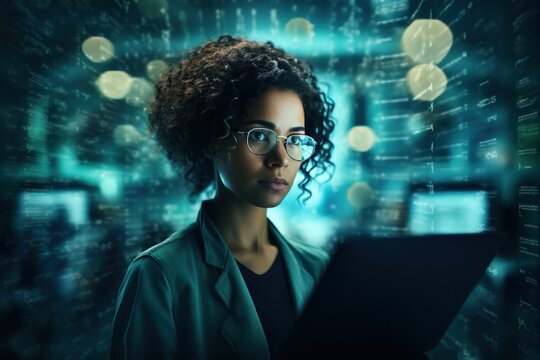 technology, computer, cyber, hacker, futuristic, network, code, coding, security, artificial intelligence. programmer stand middle coding HUD. to find something for fix bug or error via hacker, virus.