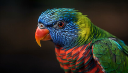 Naklejka premium Vibrant macaw perching on branch, beauty in nature colors generated by AI