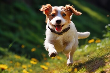 Dog happy in garden.