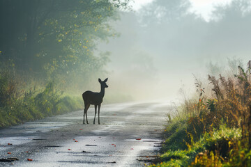 Captures Misty Morning Road Hazard Posed By Deer