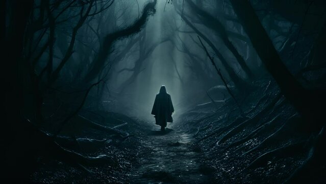A dark forest path shrouded in a heavy fog with a mysterious figure lurking in the distance.