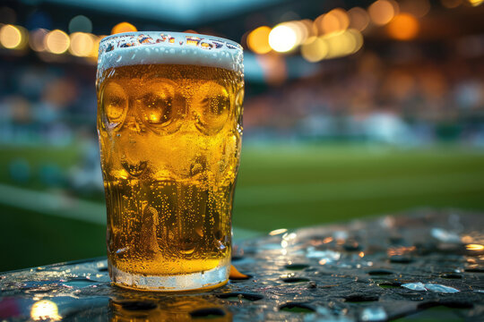 Glass Of Cold Beer On Soccer Stadium Background