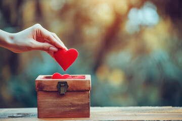 Hand Puts Red Heart Into Donation Box - obrazy, fototapety, plakaty