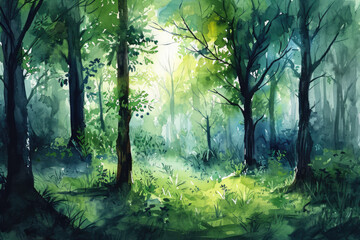 Handdrawn Watercolor Painting Of Green Forest Woods