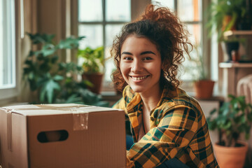 Excited Young Woman Relocating To New Dorm Or Apartment With - obrazy, fototapety, plakaty