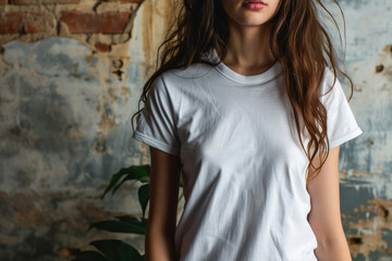 Naklejka na ściany i meble Mockup Of Woman Presenting Blank White T-Shirt Design