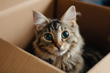Moving To New Home, Cat In Cardboard Box
