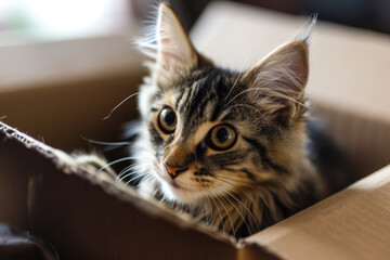 Relocating To A New Home: Focused On A Cat In A Cardboard Box