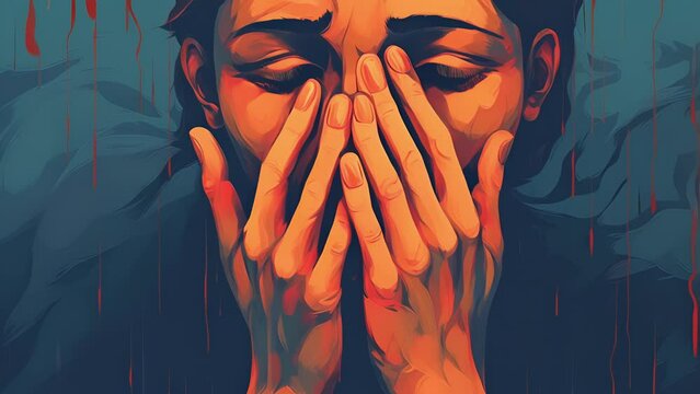 A person in a sea of tears their face hidden in their hands. Psychology art concept.