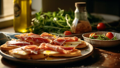 Freshness on a plate gourmet prosciutto, bread, and healthy salad generated by AI