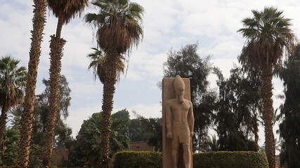 Gigantic statue of Ramesses II carved in limestone, Mit Rahina Museum of Memphis, Egypt.