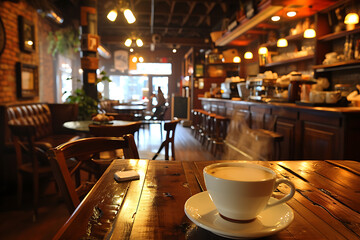 A warm, inviting cafe with steaming coffee cups and comfortable seating. Escape the hustle with this cozy cafe scene, where warm lights and aromatic coffee create an inviting atmosphere for a tranquil