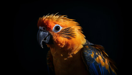 Vibrant macaw perching on branch, feathers of yellow and blue generated by AI