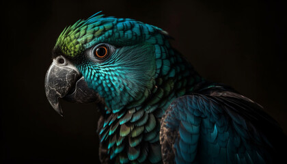 Fototapeta premium Vibrant gold and blue macaw perching on branch in rainforest generated by AI