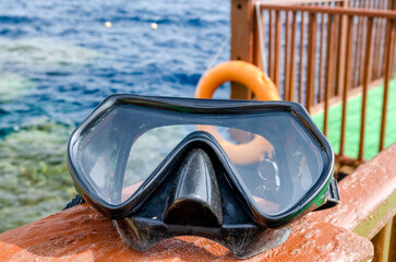 Diving mask on the background of the Red Sea in Egypt