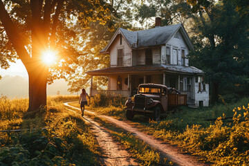 Warm sunset over a peaceful rural scene with a woman walking towards a vintage farmhouse and old car. - obrazy, fototapety, plakaty