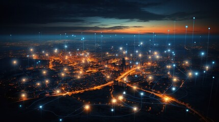 connection, digital, network, technology, communication, energy, line, wireless, connect, innovation. global media link connecting on night city background, internet, 5G communication. generate via AI
