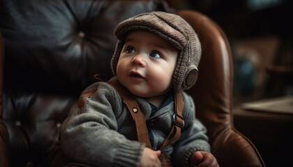 Cute baby boy sitting on sofa, smiling for portrait indoors generated by AI