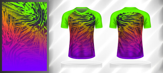 Vector sport pattern design template for V-neck T-shirt front and back with short sleeve view mockup. Green-yellow-orange-pink-purple-grey color gradient abstract grunge texture background.