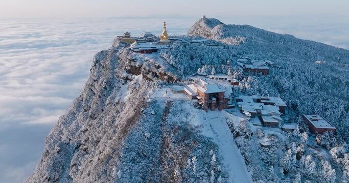 aerial view of sunrise amazing landscape at Emei mountain summit world wonder of Sichuan China
