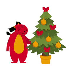 Obraz na płótnie Canvas Cheerful dragon decorates the Christmas tree with balls and bows. Vector graphics.