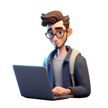 3D icon of a young business man, working as a freelancer programmer with his laptop in the office or home, employee cartoon close-up portrait, Isolated on Transparent Background, PNG