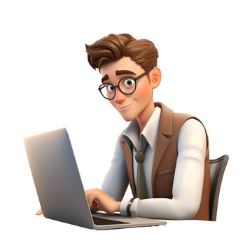 Close-up cartoon portrait of a young business man, an employee, working with his laptop in the office or home, represented as a 3D icon, Isolated on Transparent Background, PNG