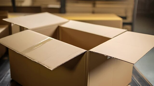 A closeup of a large cardboard box being filled to capacity with various items for packaging and shipping.