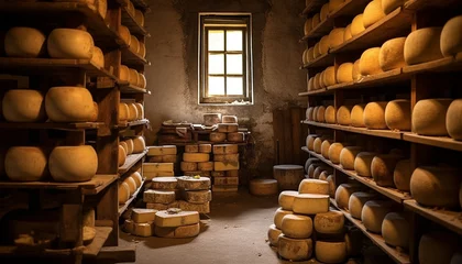 Fotobehang Stacks of cheese wheels in a cellar, aging in rows generated by AI © Stockgiu