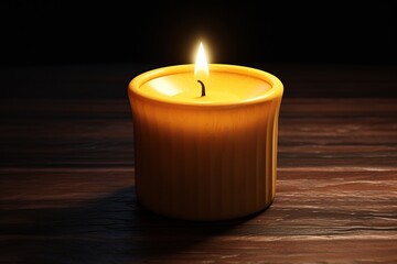 Fototapeta na wymiar Burning candle on wooden table, closeup. Space for text. 3d Rendered.