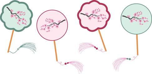 vector set of traditional chinese beautiful fans. oriental asian anime accessories in cartoon style. graceful geisha fans with sakura isolated on transparent background