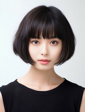 Portrait of beautiful Japanese woman with short bob haircut, isolated white background, AI Generative