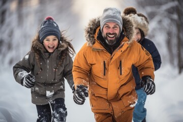 Happy and laughing father and children catching up with each other on a snowy street. Concept: winter outdoor activities