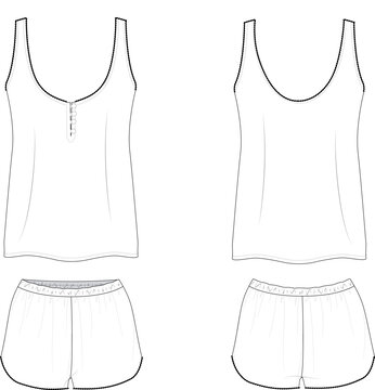 Sleeveless sleepwear top and short set technical deawing vector