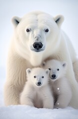 Polar bear with baby cubs in artic ice