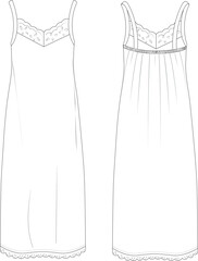 Lace detailed strapped night gown technical drawing