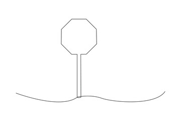 Continuous line drawing of a road sign on white background