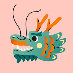 Cute cartoon abstract Chinese dragon head. Hand drawn vector illustration. 2024 Chinese Lunar New Year, year of the Dragon   character card template.