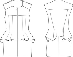 Zipped front peplum sleeveless mini dress vector technical drawing cad