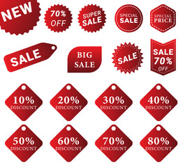 Red Sale and Discount Labels Set with Percentage Off Price Tags for Marketing and E Commerce