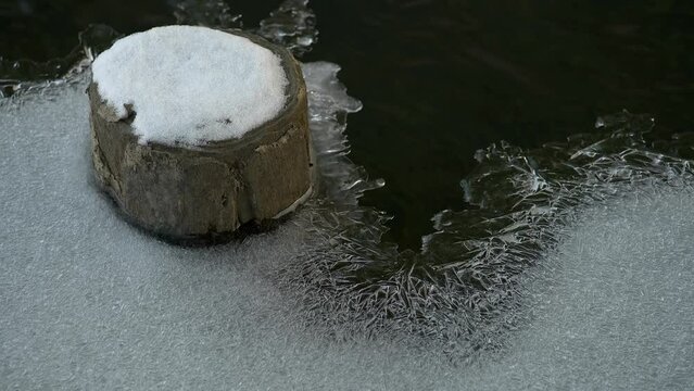 川杭と薄氷の結晶と川の流れ