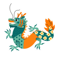 2024 Chinese Dragon Lunar New Year card. Festive vector illustration. Chinese greeting design. Hand drawn Asian style abstract geometric dragon. 