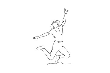 Fototapeta na wymiar Single continuous line drawing of A woman jumping in the air, happy free people fly concept. One line draw graphic design vector 