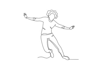 Fototapeta na wymiar Single continuous line drawing of A woman jumping in the air, happy free people fly concept. One line draw graphic design vector 
