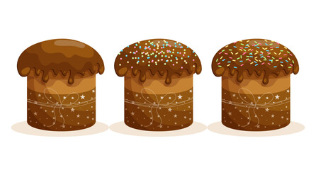 Easter cake set. Cakes with icing. Easter icons, decor elements, vector