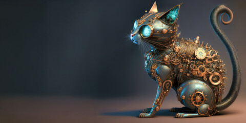 A mechanical cat sculpture with blue glowing eyes, surrounded by intricate gears and coils in a dimly lit setting