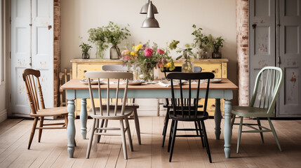 Mismatched Dining Chairs around a Vintage Table